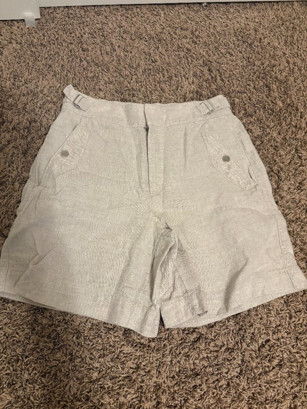 Athleta Voyager Linen Shorts 4 Oatmeal Beige Pockets Elastic Waistband Zip Fly